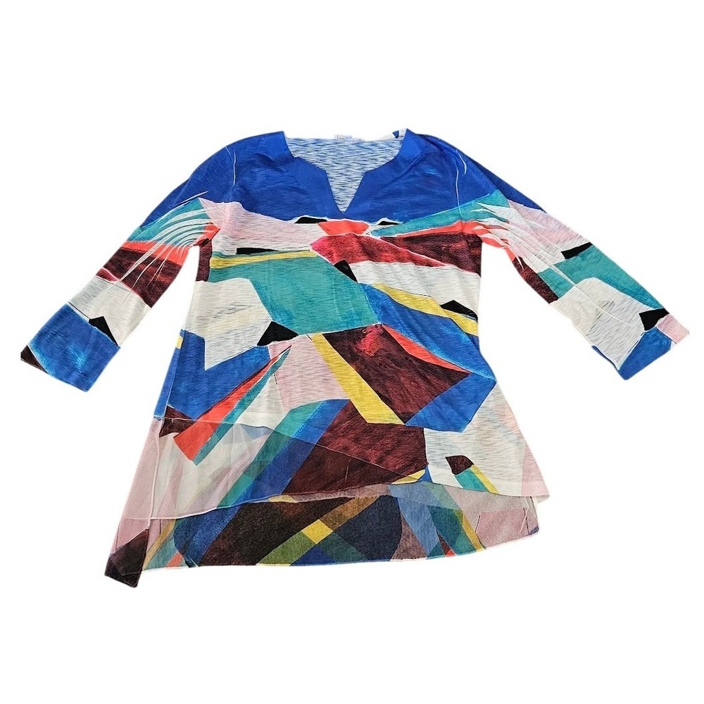 Jess & Jane Women Abstract Geometric Slub Knit Tunic Top Blue Multi Small Artsy